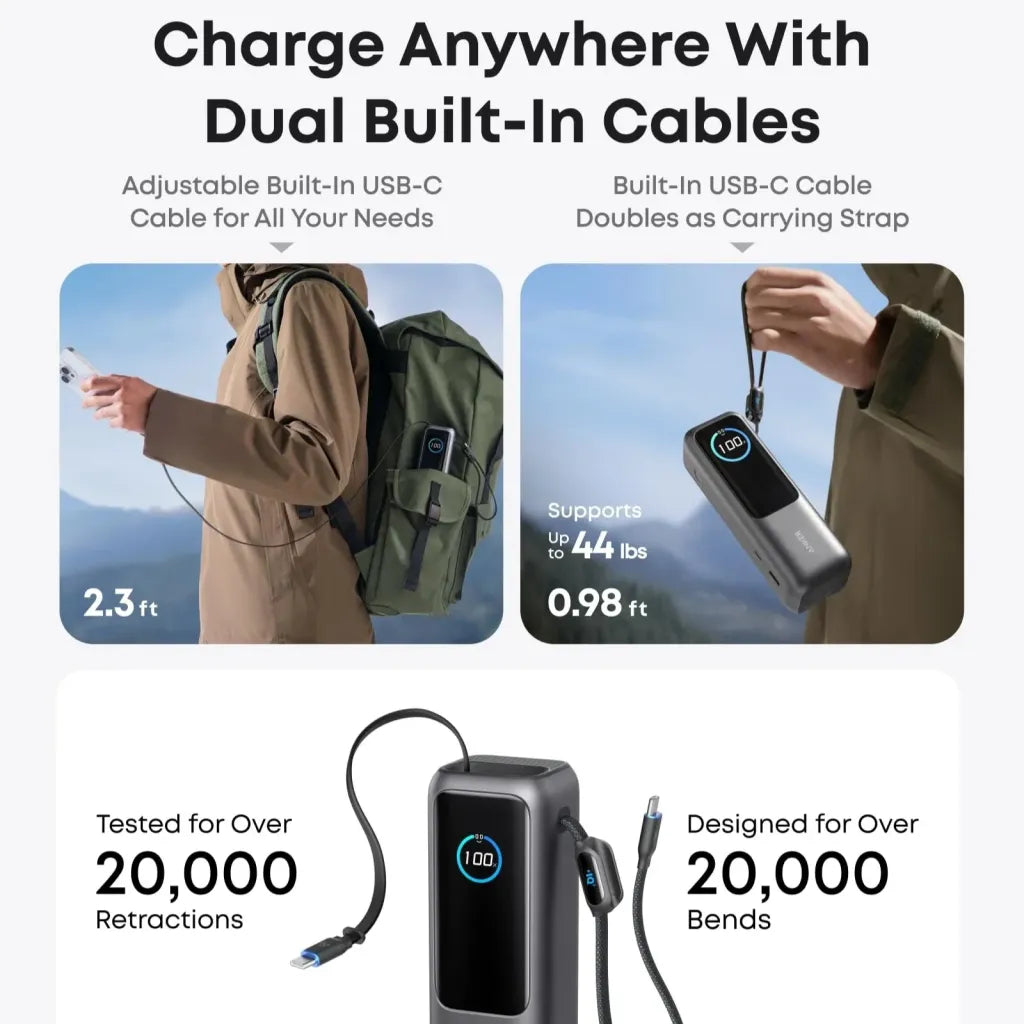 A1695 Power Bank 165W High Power Mobile Charger with Retractable Cable Fast Charging for Smartphones Tablets and Laptops.